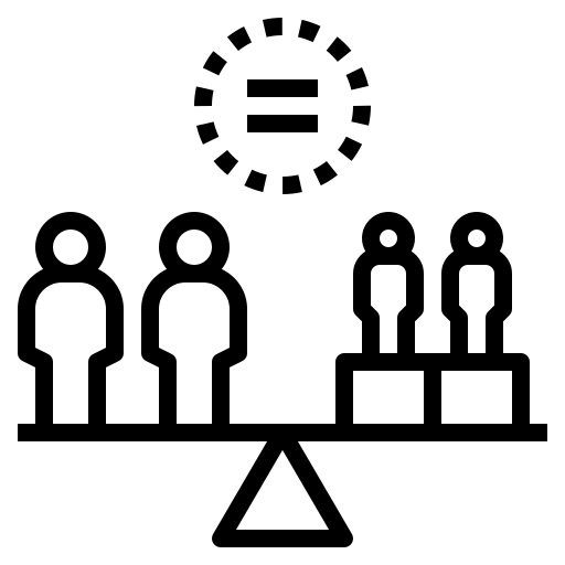 2 people on one side of a scale who are tall, 2 people who are on the other side who are shorter but are standing on boxes, the scale is balanced and there is an equals sign above them 

Attributions can be found a footer link