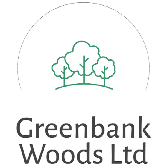 Greenbank Woods Ltd Logo of the outline of three green bushy trees on curved ground above the company name, all on a transparent background.