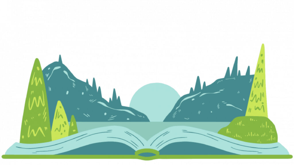 An illustration with an open book and forest