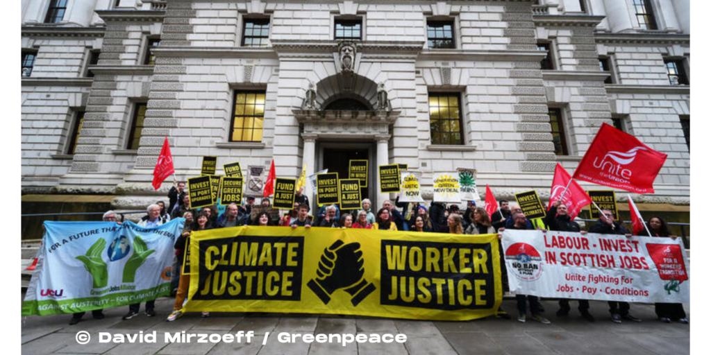 Unions and green groups rally at Treasury to demand £1.9 billion a year to fund ‘just transition’ for oil and gas workers.