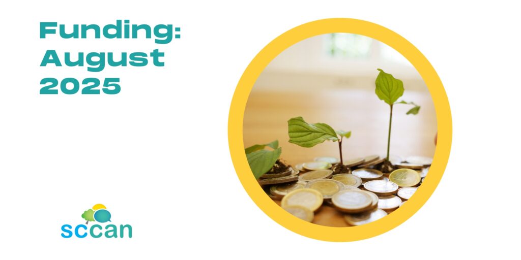 Funding August 2025 with images of a seedling growing out of coins
